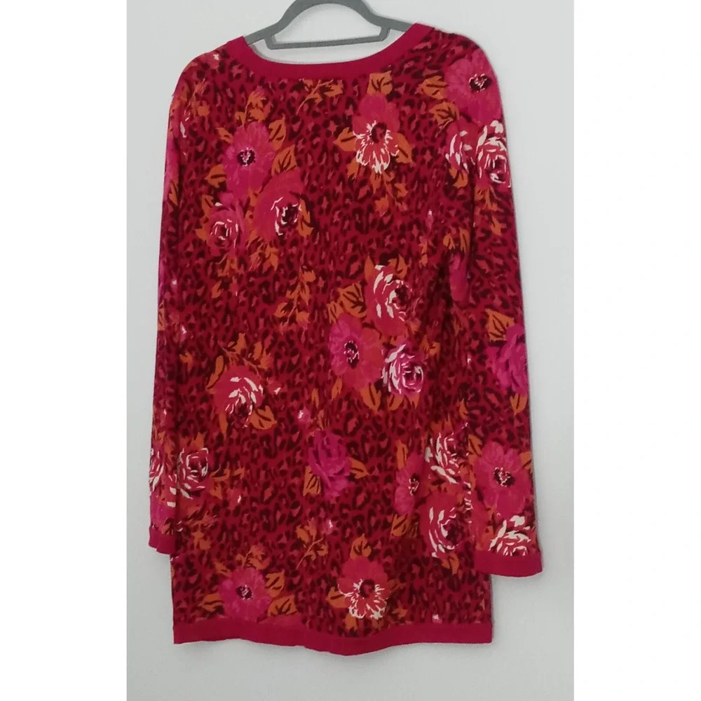 Isaac‎ Mizrahi Sweater Womens Size L Pink Floral Animal Print Cardigan Button Up